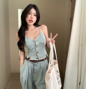 現貨無退換|套裝牛仔背心+修長寬鬆闊腿褲 現貨無退換|套裝牛仔背心+修長寬鬆闊腿褲