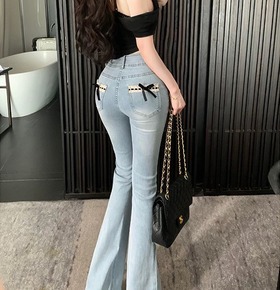 現貨無退換|韓版質感蕾絲蝶結小喇叭牛仔褲 現貨無退換|韓版質感蕾絲蝶結小喇叭牛仔褲