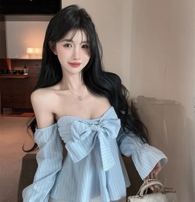 性感一字領條紋蝶結上衣 性感一字領條紋蝶結上衣