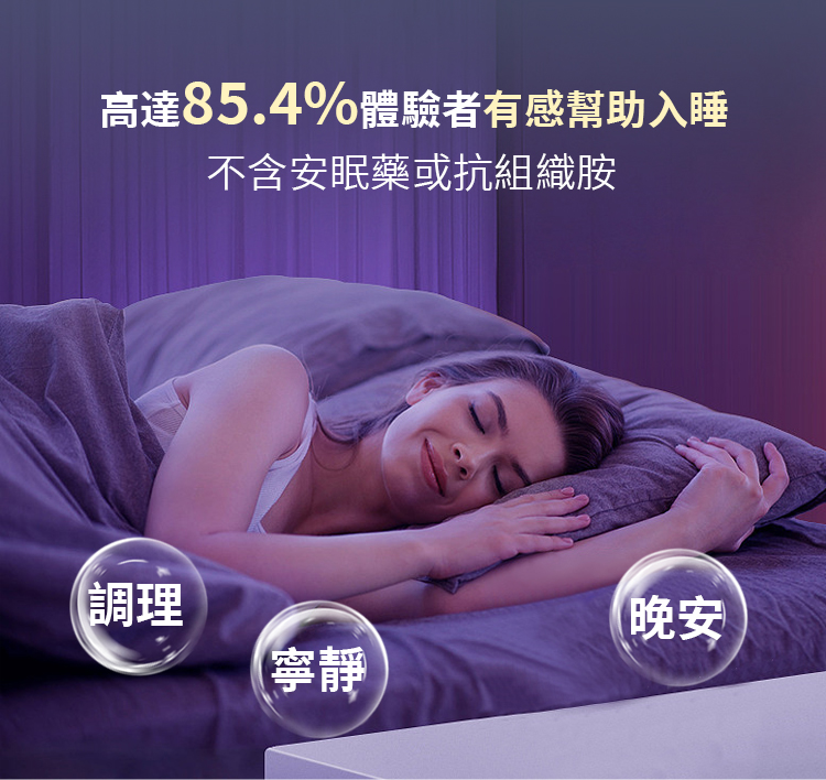養眠寧不含安眠藥、抗組織胺等西藥成分,不用擔心會有依賴性!高達85.4%體驗者有感幫助入睡