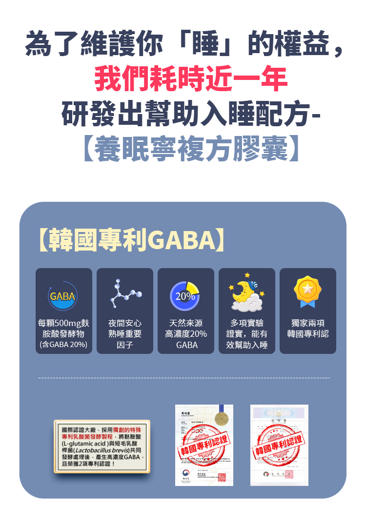 營養師耗時一年研發養眠寧,選用中西合璧的專利原料,高濃度GABA具有多項實驗證實幫助入睡,讓體感更加分!