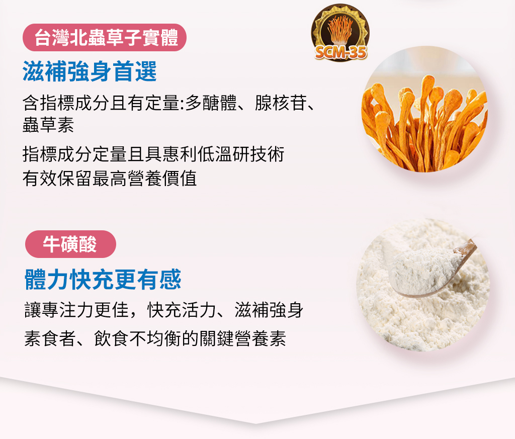 活力滿分2.0使用台灣北蟲草及牛磺酸