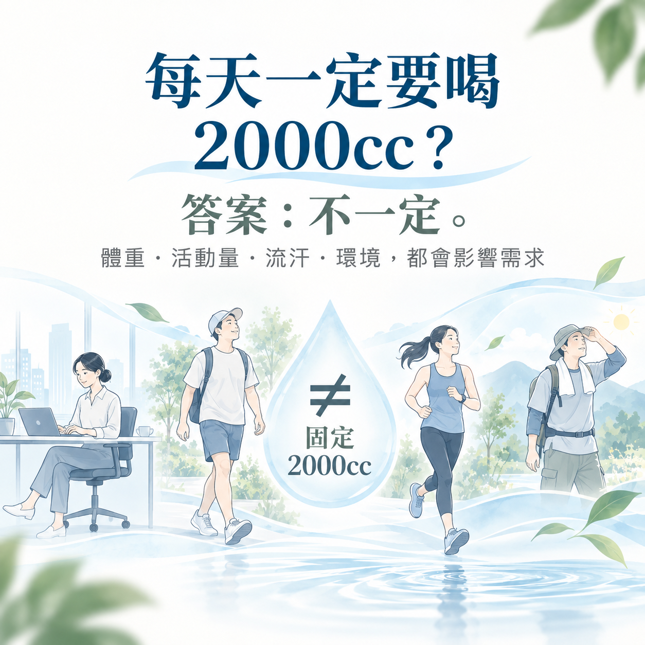 每日喝水量不是固定2000cc,需依體重活動量與環境調整