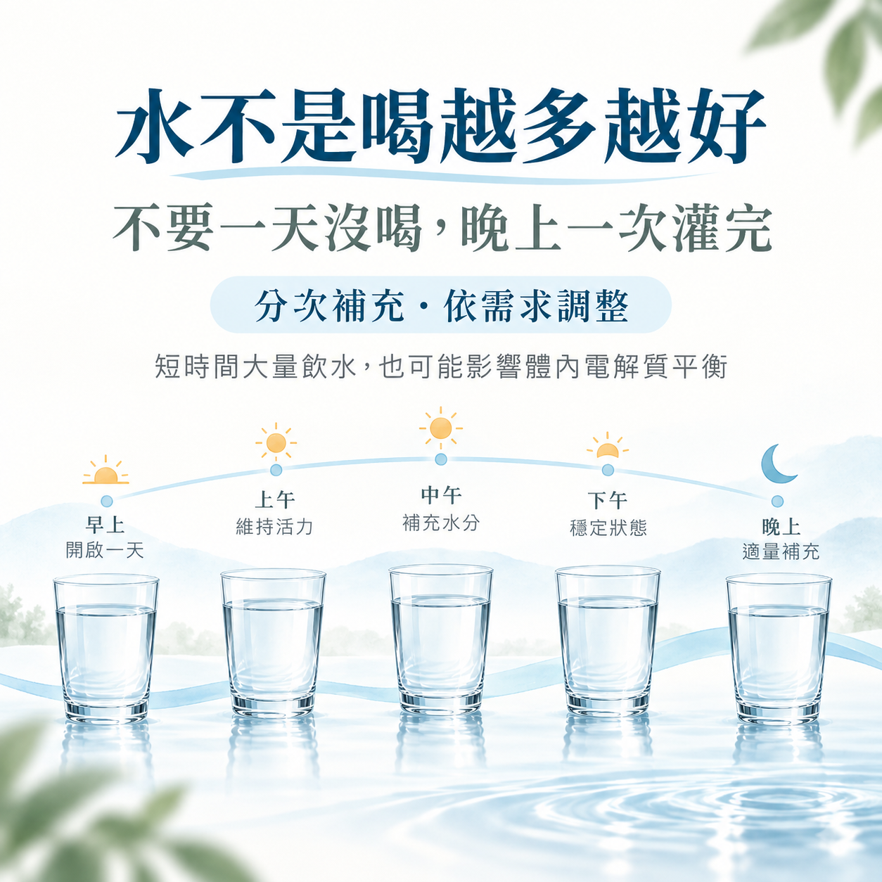 喝水應分散在一天補充避免短時間攝取過量水分