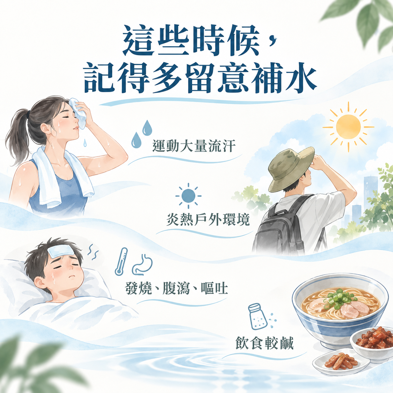 運動高溫發燒腹瀉等情況可能增加身體水分需求