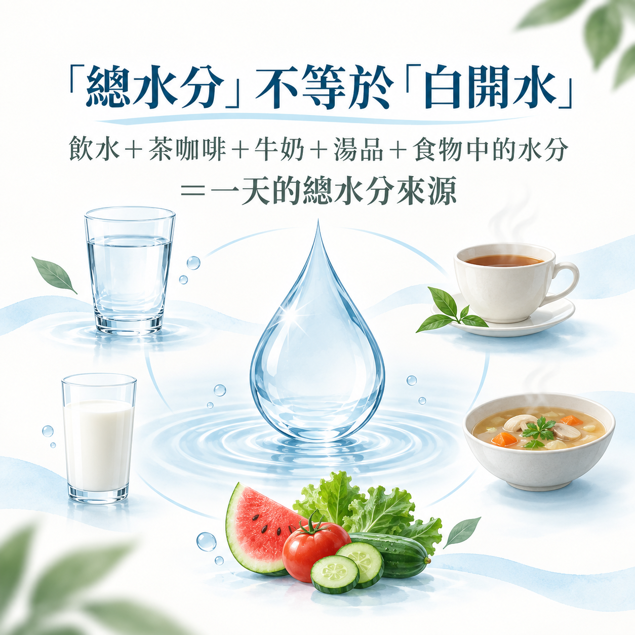 每日總水分包含飲水飲料湯品與食物中的水分