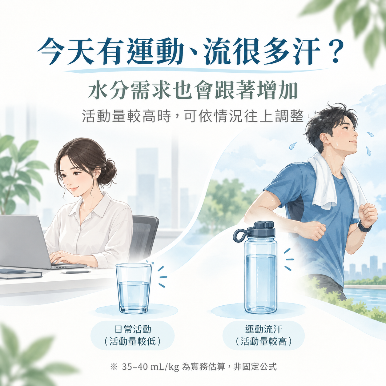 運動與大量流汗時每日水分需求可能比一般久坐時增加