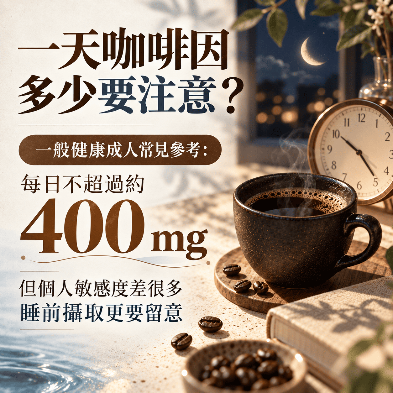 一般健康成人每日咖啡因常見安全參考量約400毫克並應注意個人敏感度