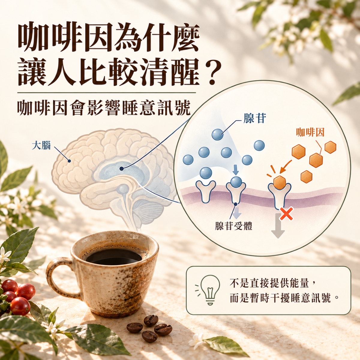 咖啡因與腺苷受體作用的原理示意圖,說明咖啡因可能影響睡意與清醒狀態