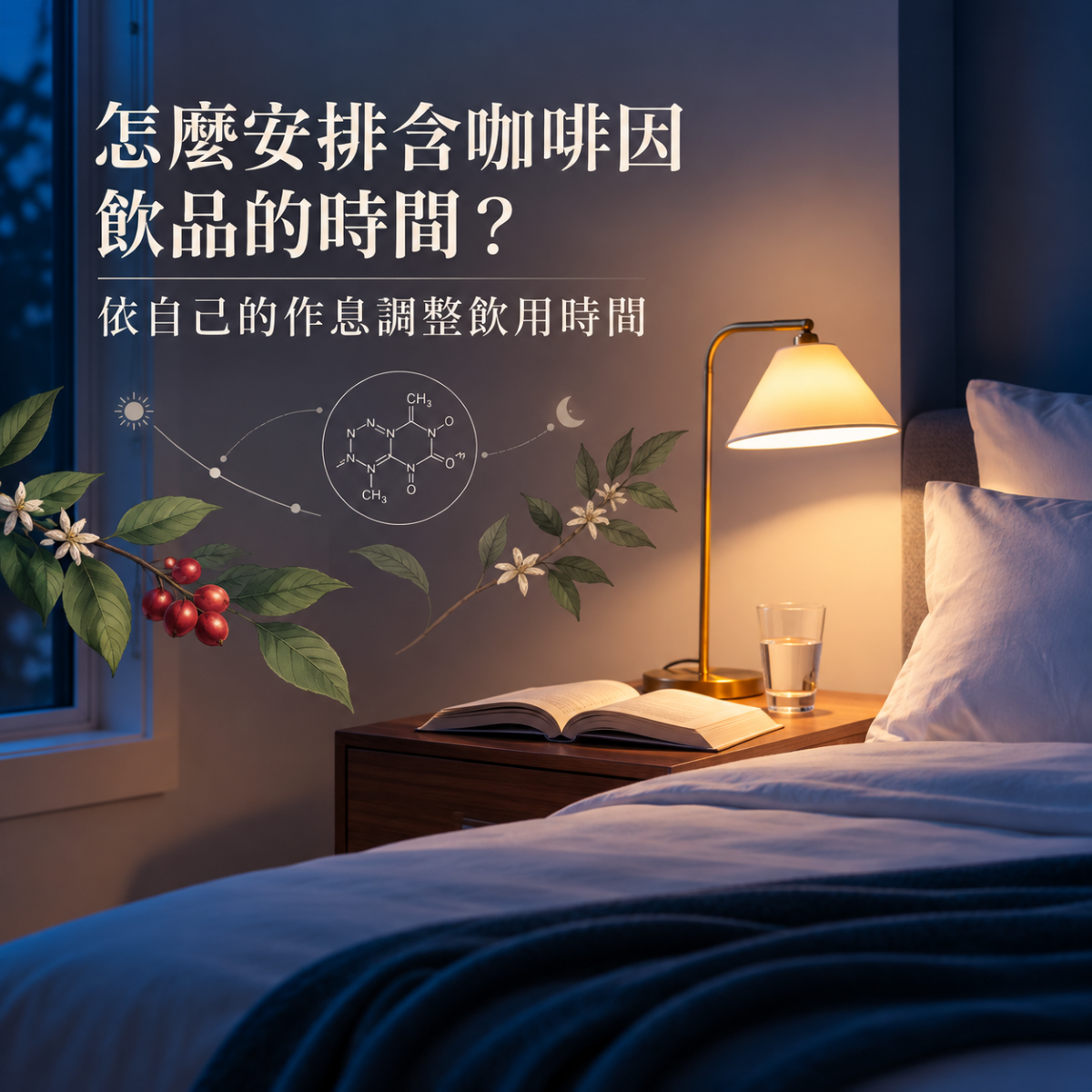 夜間床頭與水杯的安靜生活情境,提醒讀者依個人作息安排含咖啡因飲品的飲用時間