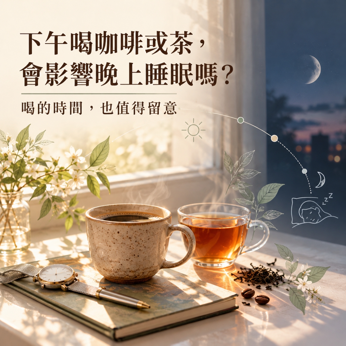 下午飲用含咖啡因飲品的生活情境圖,呈現飲用時間與夜間睡眠之間的關聯