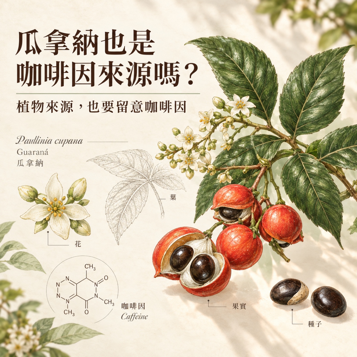 瓜拿納果實與種子的植物特寫,呈現瓜拿納也是咖啡因來源之一