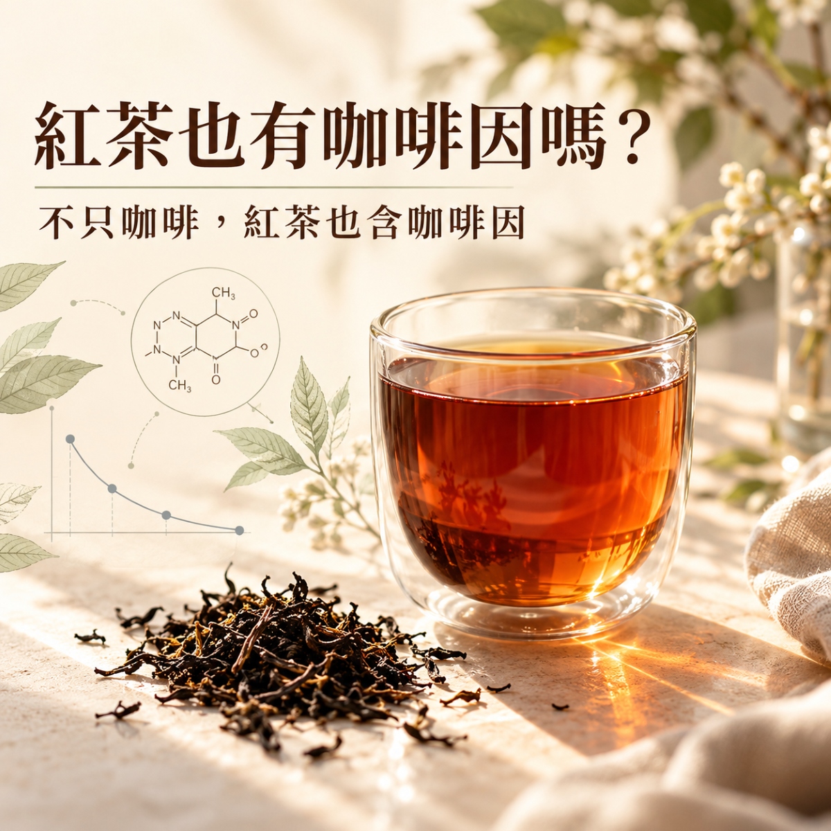 一杯琥珀色紅茶與茶葉,說明紅茶也是日常飲食中可能攝取咖啡因的來源