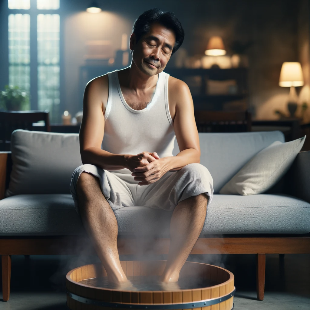 男子舒服的泡腳 舒緩疲勞