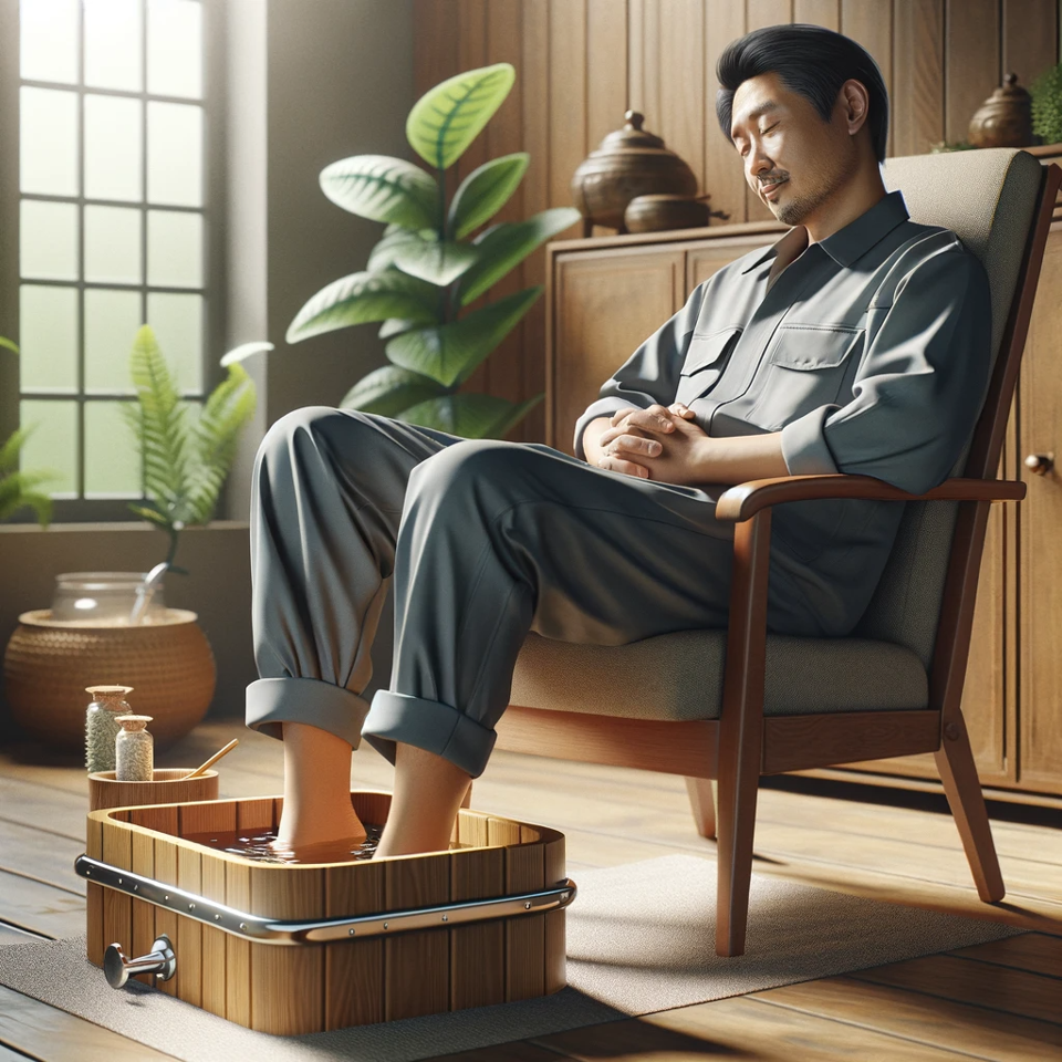 男子舒服放鬆的在泡腳