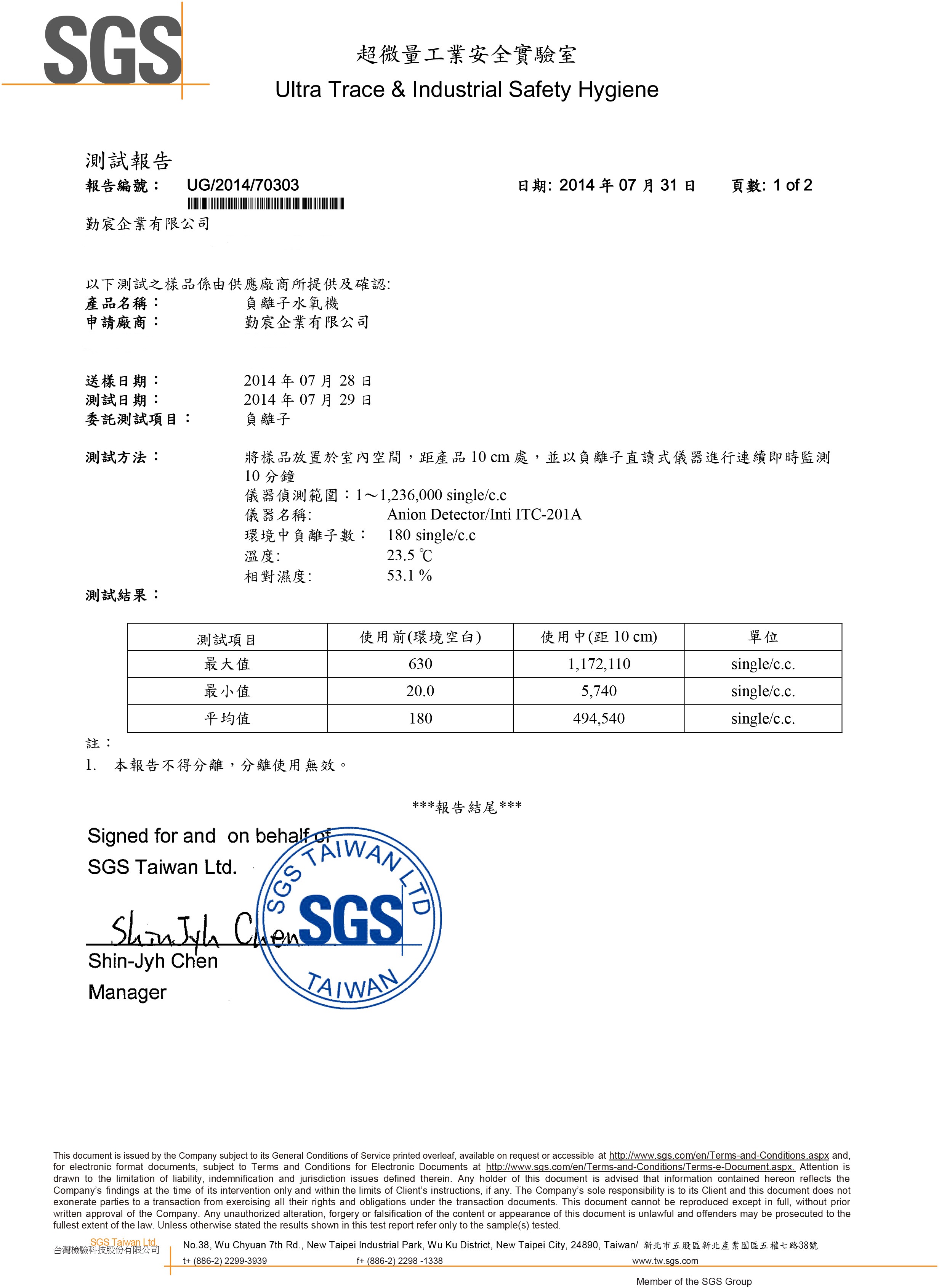 超音波水氧機測試報告