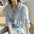 【女裝。上衣】滾邊氣質小姐姐鈕扣藍色上衣_2