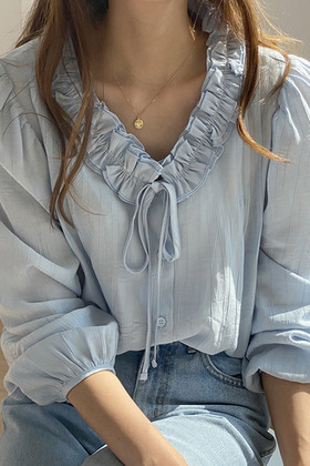 【女裝。上衣】滾邊氣質小姐姐鈕扣藍色上衣