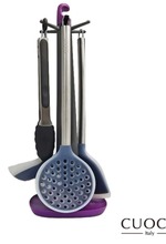 【義大利CUOCO】質感不鏽鋼柄-矽膠廚具5件組(煎鏟+湯勺+濾勺+料理夾+掛座)