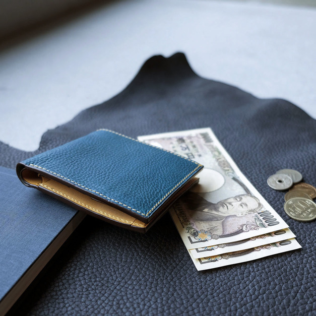 四卡全牛皮零錢袋短皮夾 巴黎藍/復古黃 二つ折り財布-小銭入付 