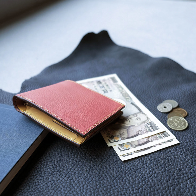 四卡全牛皮零錢袋短皮夾 蜜桃粉/復古黃 二つ折り財布-小銭入付 