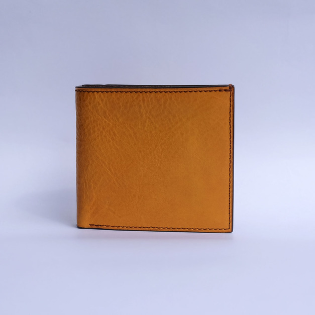 四卡全牛皮零錢袋短皮夾 閃耀黃/馬鞍棕 二つ折り財布-小銭入付