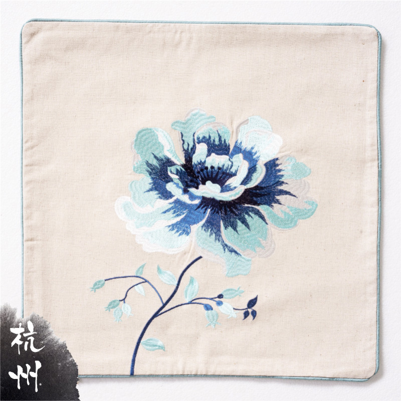 純天然棉麻刺繡抱枕套-藍玫瑰 (P01) 外銷歐美/特價商品/數量有限/售完不補