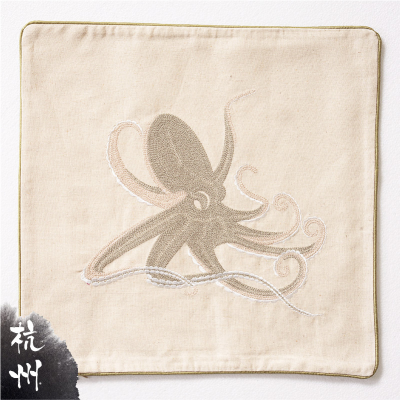純天然棉麻刺繡抱枕套-江戶章魚 (P05) 外銷歐美/特價商品/數量有限/售完不補