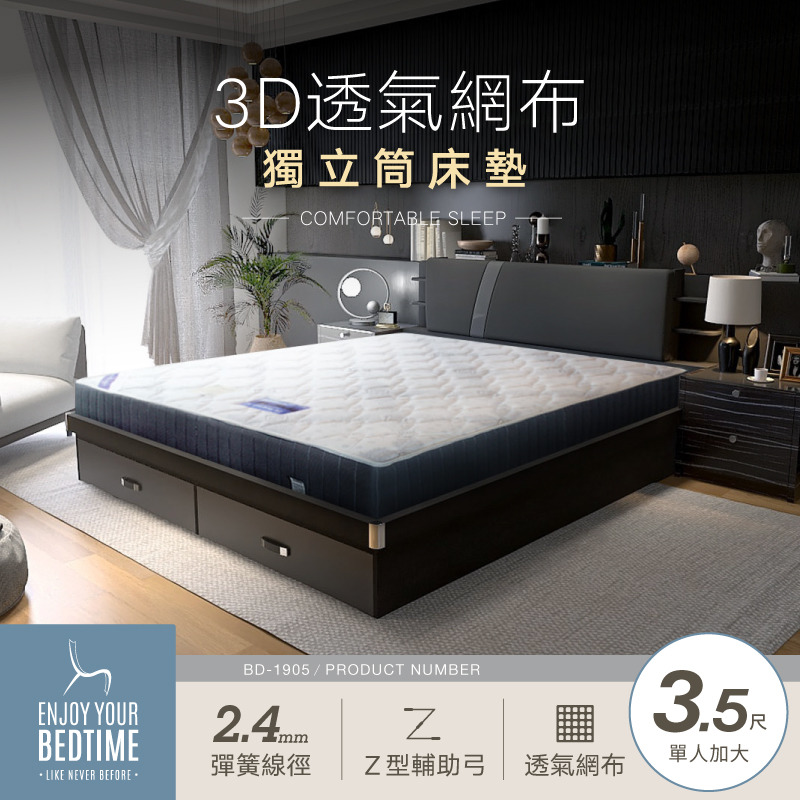LAIFONG 硬式3D透氣3.5尺單人加大 獨立筒床墊 (BD-1905-3.5)台灣製造/高碳鋼彈簧十年保固