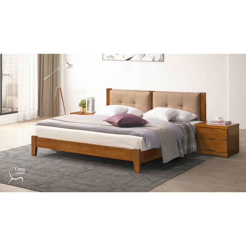 B190-07 凱西柚木色5尺布面床台 (咖啡布格子)