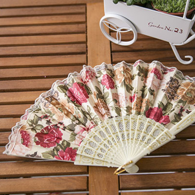 西班牙蕾絲彩色花卉扇 (附金屬掛環)-扇面黃