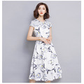 韓版修身顯瘦夏季白底印花短袖連身裙女裝