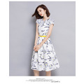 韓版修身顯瘦夏季白底印花短袖連身裙女裝_1