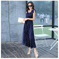雪紡紗蝴蝶結肩帶圓點中長款連身裙夏季女裝_2