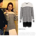 戚薇明星同款黑白條紋針織蕾絲拼接毛衣中長款針織衫161218010_1