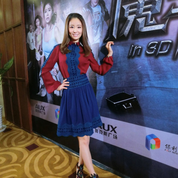 林心如明星同款氣質翻領長袖拼接修身連身裙洋裝161218016