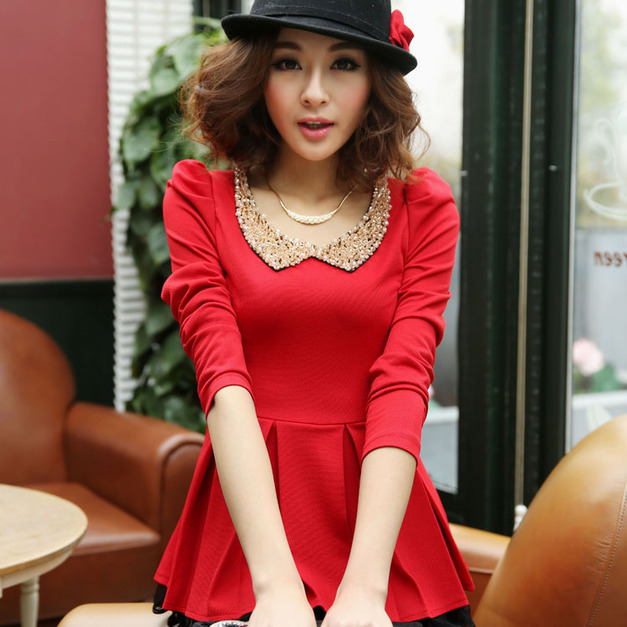 韓版女裝休閒圓領長袖荷葉邊裙襬收腰修身上衣170103001