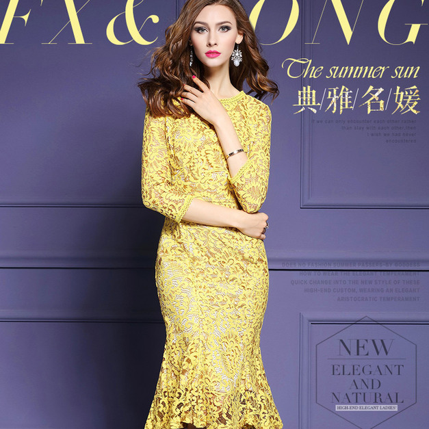 歐美大尺碼女裝圓領長袖包臀蕾絲中長款魚尾裙洋裝連身裙170105002