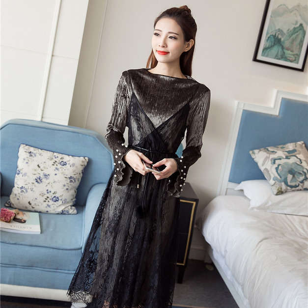 韓版時尚公主風女裝圓領長袖兩件套蕾絲長款洋裝連身裙170105003