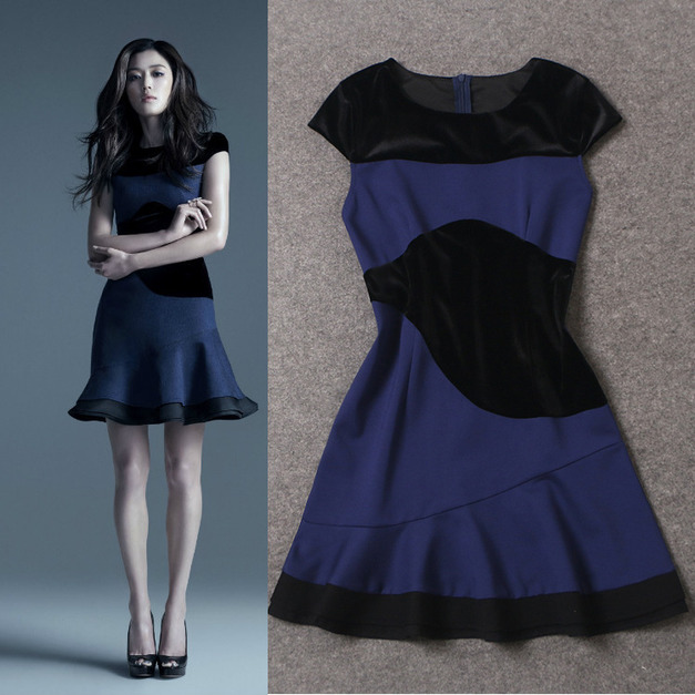 全智賢明星同款韓版女裝長袖修身顯瘦拼接洋裝連身裙包臀荷葉邊魚尾裙170108013