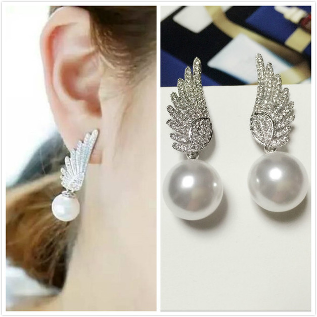 韓版時尚S925純銀翅膀珍珠耳環170501001