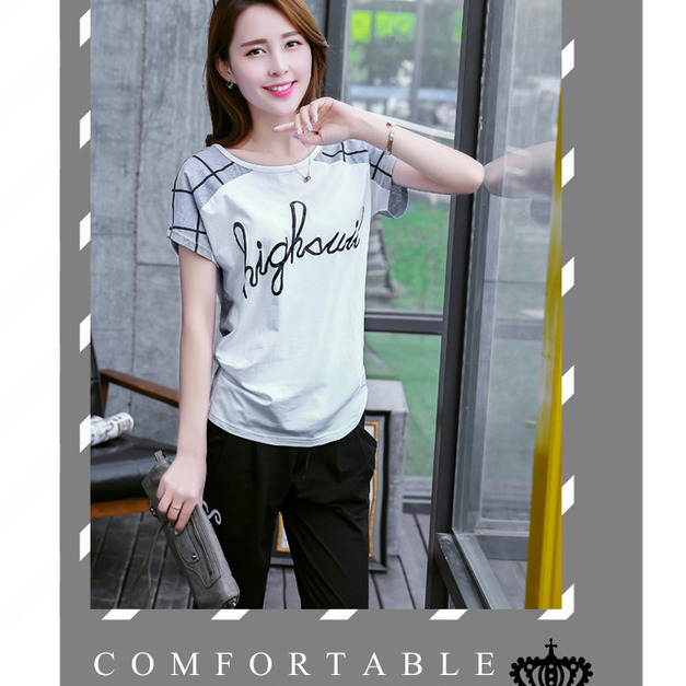 韓版女裝中大尺碼女裝短袖上衣七分褲休閒服套裝運動服套裝棒球服(3色可選)170831031