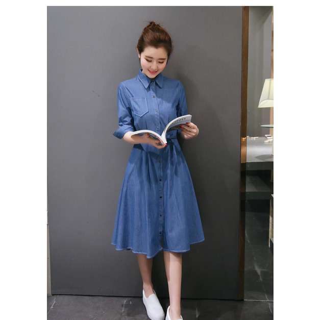 明星同款修身中長款牛仔洋裝連身裙170912011