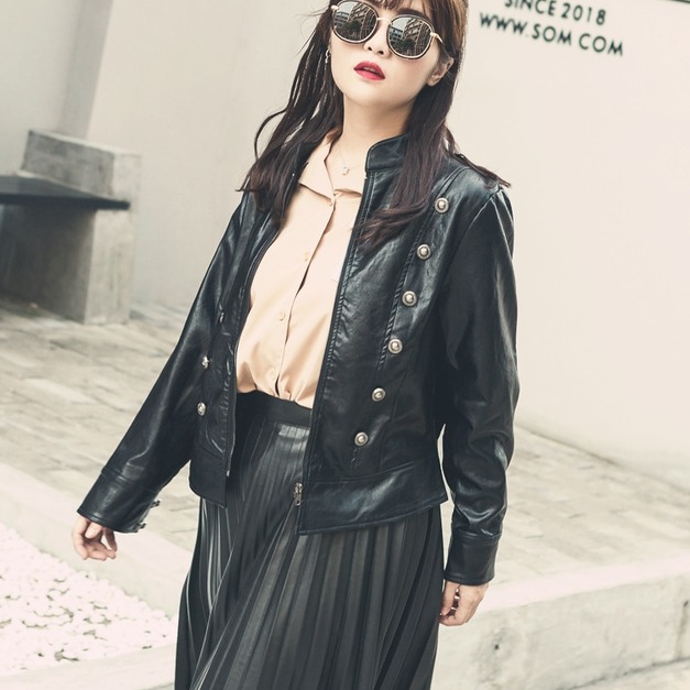 韓版黑色大尺碼皮衣夾克女外套保暖防風(體重100kg胸圍122公分也有尺碼) 171205001