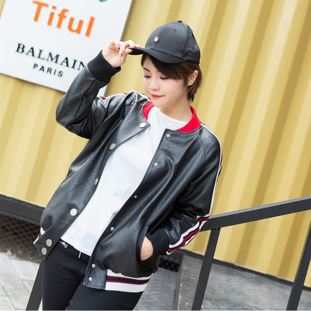 韓版大尺碼黑色皮衣夾克女棒球外套保暖防風(體重100kg胸圍123公分也有尺碼) 171205003