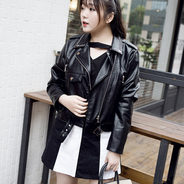 韓版大尺碼皮衣黑色夾克女外套修身顯瘦保暖防風(胸圍114公分也有尺碼) 171205004