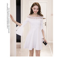 韓版名媛蕾絲一字領洋裝修身顯瘦連身裙(白、紅、黑3色可選)180118003