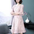 韓版喇叭袖刺繡收腰修身連衣裙洋裝180518001