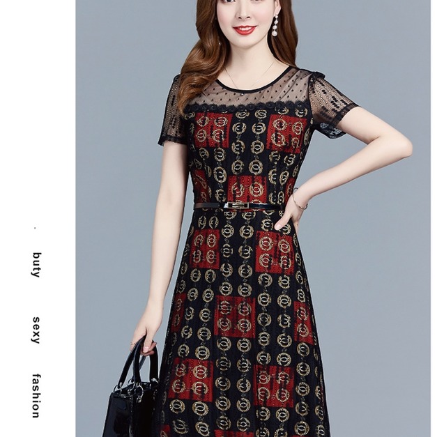 韓版中長款短袖高腰蕾絲洋裝連身裙190601002