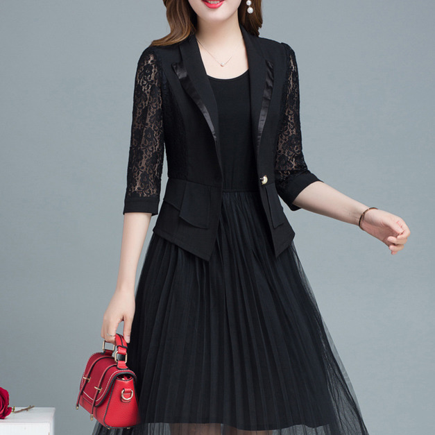 西裝外套中長款修身顯瘦黑色蕾絲洋裝連身裙套裝190601003